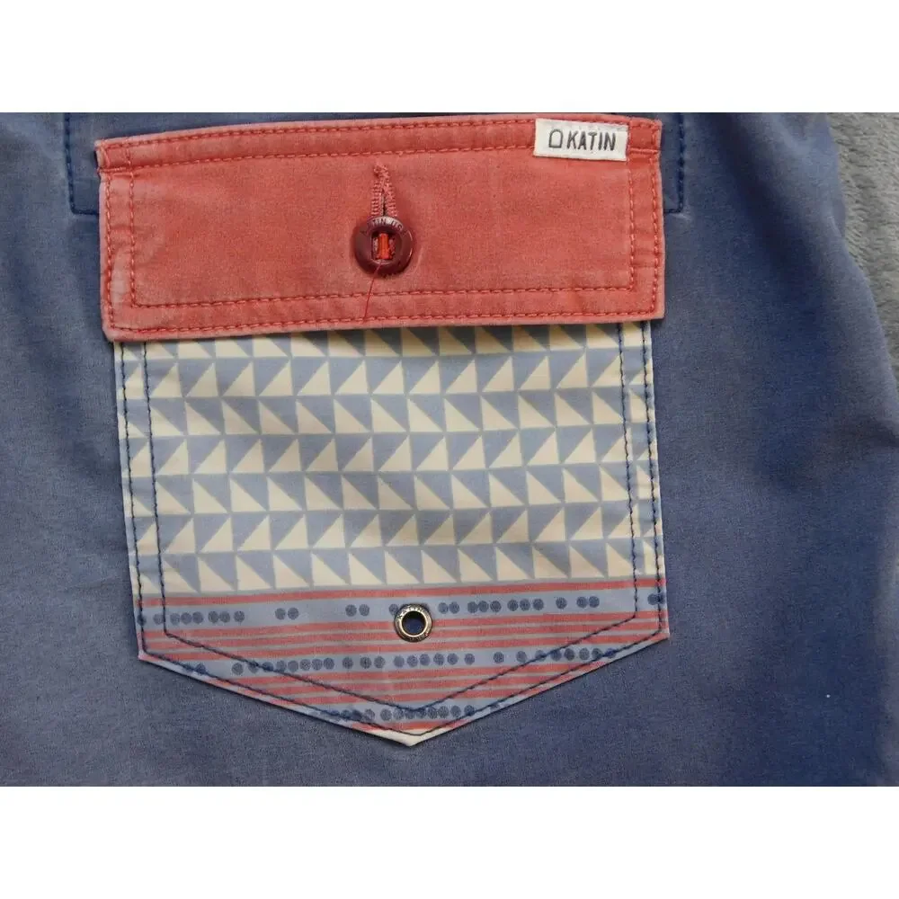 Katin Shorts Mens 34 Blue Red Stretch Boardshorts Swim Trunks Drawstring Stash